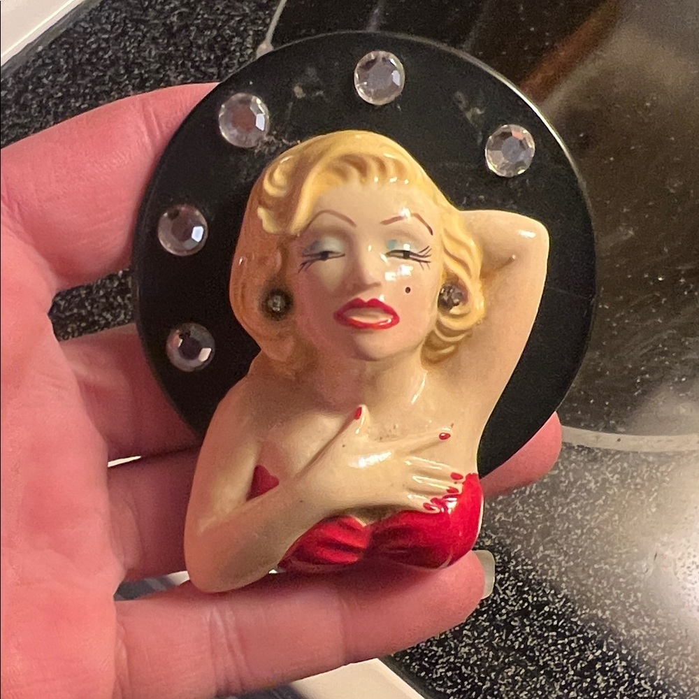 Vintage Marilyn Pinup Brooch with Red Dress
